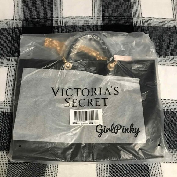 VS FASHION SHOW 2025 BACKSTAGE DOUBLE HANDLE TOTE BLACK/GOLD RHINESTONES LOGO - Picture 5 of 7